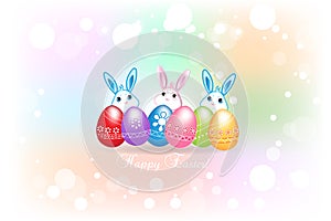 Happy Easter greetings card with eggs and bunnies colorful icon logo background.