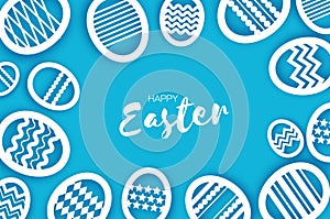 Happy Easter Greetings card. Eggs in paper cut style. Spring holidays on blue. Space for text.