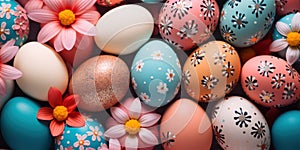 Happy Easter Greetings card of some colorful painted Easter eggs with different designs, dot and stripes, peach fuzz colors,