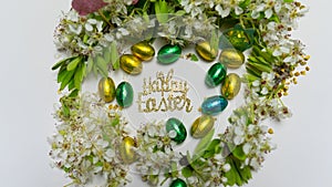 happy easter greetings with decorations and easter cakes