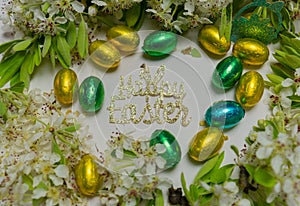 happy easter greetings with decorations and easter cakes