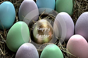 Happy easter greetings with an golden easteregg photo