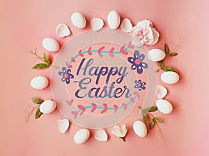 Happy Easter Greetings  white eggs green on pink living coral background wishes quotes text  element abstract template illustratio