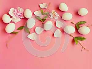 Happy Easter Greetings  white eggs green on pink living coral background wishes quotes text  element abstract template illustratio