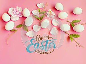 Happy Easter Greetings  white eggs green on pink living coral background wishes quotes text  element abstract template illustratio