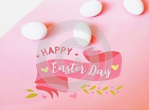 Happy Easter Greetings  white eggs green on pink living coral background wishes quotes text  element abstract template illustratio