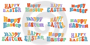 Happy Easter groovy hippie leterring in 70e trendy retro psychedelic style. Twisted and distorted easter text.Vector.