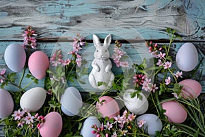Happy easter hand crafted Eggs Easter egg games Basket. White easter crocus Bunny natural. Spring flowers background wallpaper