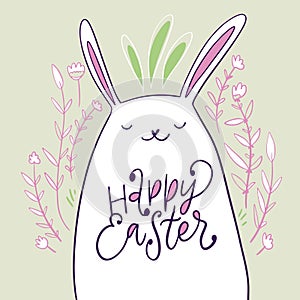 Happy Easter hand drawn colorful lettering. Holiday vector illustration isolated on pink background