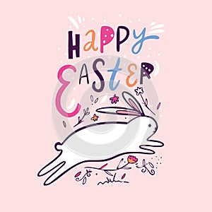 Happy Easter hand drawn colorful lettering. Holiday vector illustration isolated on pink background