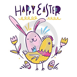 Happy Easter hand drawn colorful lettering. Holiday vector illustration isolated on pink background