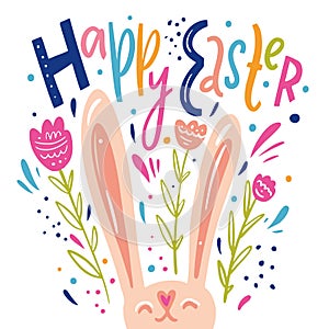 Happy Easter hand drawn colorful lettering. Holiday vector illustration isolated on pink background