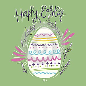 Happy Easter hand drawn colorful lettering. Holiday vector illustration isolated on pink background