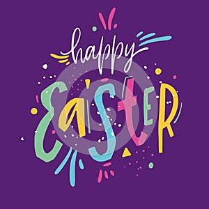 Happy Easter hand drawn colorful lettering. Holiday vector illustration isolated on violet background