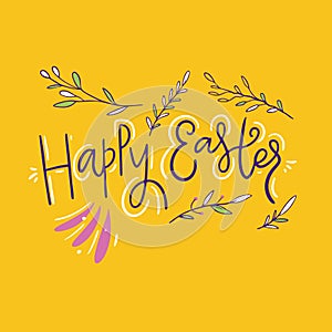 Happy Easter hand drawn colorful lettering. Holiday vector illustration isolated on yellow background