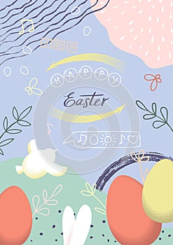 Happy Easter hand drawn Cover with eggs and rabbit