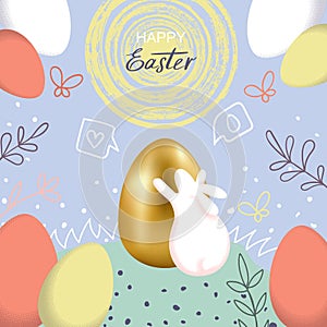 Happy Easter hand drawn Cover with realistic egg and rabbit