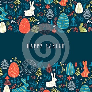 Happy easter hand drawn doodle in folk style, greeting card illustration