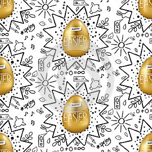 Happy Easter hand drawn doodle seamless pattern with gold egg
