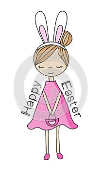 Happy Easter - hand drawn little girl, with bunny ears