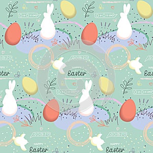 Happy Easter hand drawn seamless pattern with eggs and rabbits