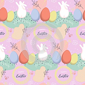 Happy Easter hand drawn seamless pattern with eggs and rabbits