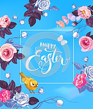 Happy Easter hand lettering in square frame, half-colored roses, small yellow bird sitting on branch against blue sky on