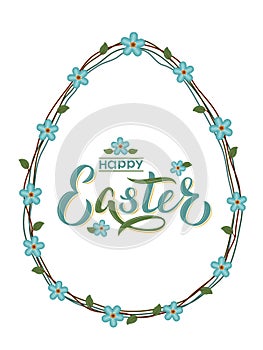 Happy Easter hand lettering text with floral egg form wreath