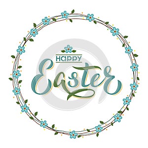 Happy Easter hand lettering text with floral wreath