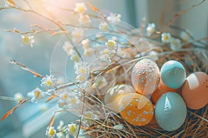 Happy easter hand scripted note Eggs Shrouded Easter Joys Basket. White Animated Bunny turmeric. chrysanthemums background