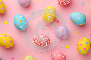 Happy easter handwritten note Eggs Petal Basket. White egg hunt Bunny Speckled eggs. Bright colors background wallpaper