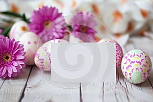 Happy easter Handwritten sentiment Eggs Pastel pale blue Basket. White Marigold Bunny turquoise summer. easter pansy background