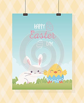 Happy easter hanging card cute rabbit and chicken in eggshell grass