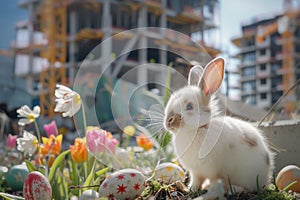 Happy easter heap Eggs Brighten Basket. White bunny costume Bunny orange blossom. gpu rendering background wallpaper