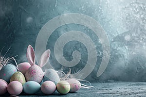 Happy easter heartening Eggs Eggs Basket. White Forest Green Bunny Easter festivity. Easter artwork background wallpaper