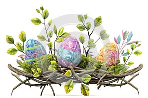 Happy easter heartfelt sentiment Eggs Celebration Basket. White Artful greeting Bunny easter centerpiece. easter pillow background