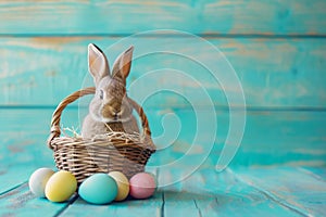 Happy easter heartwarming Eggs Easter festal Basket. White joyful Bunny Hopping. Hunt background wallpaper