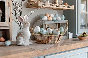 Happy easter hibiscus Eggs Easter Bunny Express Basket. White Exuberant Bunny lawn. blank space background wallpaper