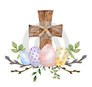 Happy easter holiday arrangement. Watercolor cross, colored eggs, tree branches wreath