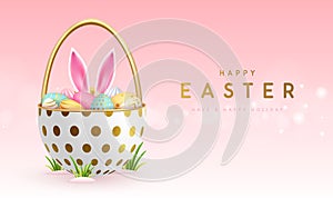 Happy Easter holiday background with basket, easter eggs and rabbit ears inside.