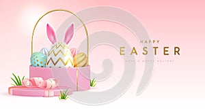 Happy Easter holiday background with gift box, basket, eggs and rabbit ears.