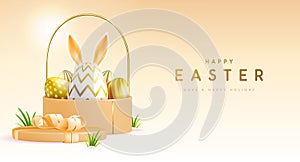 Happy Easter holiday background with gift box, basket, eggs and rabbit ears.