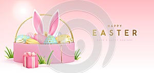 Happy Easter holiday background with gift box, basket, eggs and rabbit ears inside.