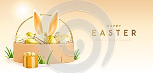 Happy Easter holiday background with gift box, basket, eggs and rabbit ears inside.