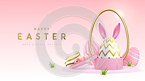 Happy Easter holiday background with gift box and Easter egg with rabbit ears.