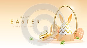 Happy Easter holiday background with gift box and Easter egg with rabbit ears.