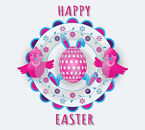 Happy Easter holiday with bunny ears and paws, an egg and two funny chickens on a colorful floral background.