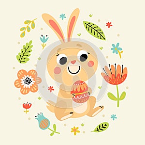 Happy Easter. Holiday card with rabbit