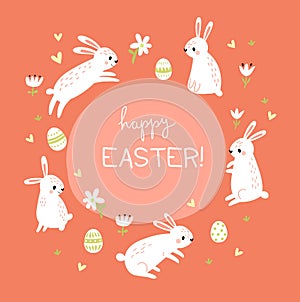 Happy Easter. Holiday card with rabbit