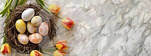 Happy Easter holiday celebration banner with painted eggs in bird nest basket and yellow tulip flowers